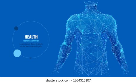 Abstract isolated human body on blue background. Polygonal top of body of adult man with polygons, particles, lines and connected dots. Medicine and healthy life digital concept. Low poly wireframe. - Shutterstock ID 1654313107