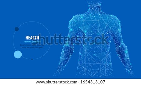 Abstract isolated human body on blue background. Polygonal top of body of adult man with polygons, particles, lines and connected dots. Medicine and healthy life digital concept. Low poly wireframe.
