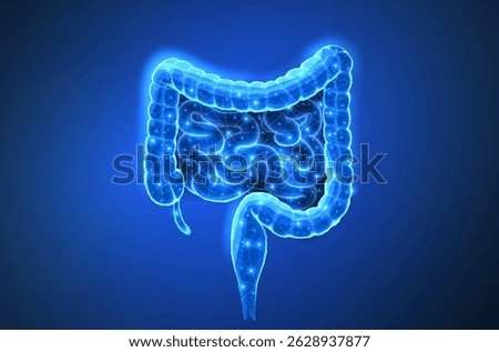 Abstract isolated human intestines. Gut health, bowel disease, gastrointestinal tract, stomach ache, intestinal microbiota, colon inflammation, esophagus pain.