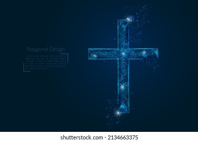 Abstract isolated image christian cross. Polygonal low poly style illustration looks like stars in the blask night sky in spase or flying glass shards.