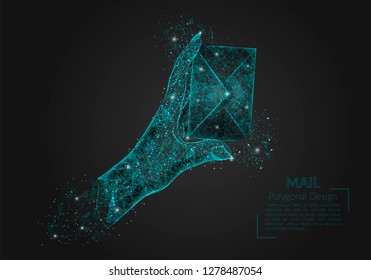 Abstract isolated image of human hand sending letter. Polygonal illustration looks like stars in the blask night sky in spase or flying glass shards. Digital design for website, web, internet