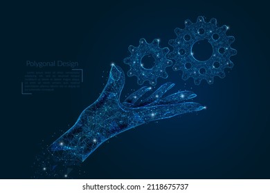 Abstract isolated image of human hand with cogwheels. Polygonal low poly style illustration looks like stars in the blask night sky in spase or flying glass shards.