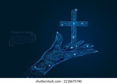 Abstract isolated image of human hand holding christian cross. Polygonal low poly style illustration looks like stars in the blask night sky in spase or flying glass shards.