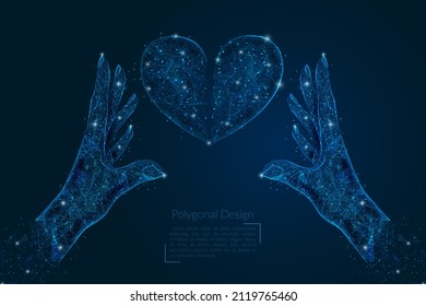 Abstract isolated image of human hand holding broken heart. Polygonal low poly style illustration looks like stars in the blask night sky in spase or flying glass shards.