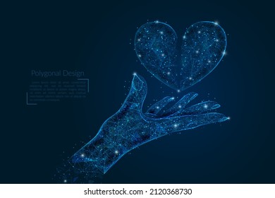 Abstract isolated image of human hand holding broken heart. Polygonal low poly style illustration looks like stars in the blask night sky in spase or flying glass shards.