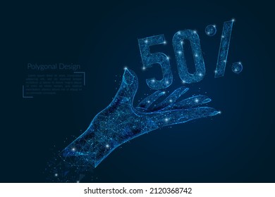 Abstract isolated image of human hand with 50 percent offer. Polygonal low poly style illustration looks like stars in the blask night sky in spase or flying glass shards.