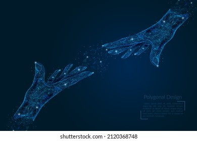 Abstract isolated image of human hand of partnership of people. Polygonal low poly style illustration looks like stars in the blask night sky in spase or flying glass shards.