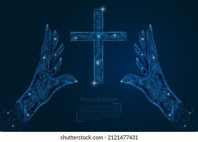 Abstract isolated image of human hand holding christian cross. Polygonal low poly style illustration looks like stars in the blask night sky in spase or flying glass shards.