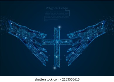 Abstract isolated image of human hand holding christian cross. Polygonal low poly style illustration looks like stars in the blask night sky in spase or flying glass shards.