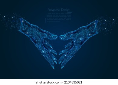 Abstract isolated image of human hand of partnership of people. Polygonal low poly style illustration looks like stars in the blask night sky in spase or flying glass shards.