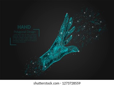 Abstract isolated image of human palm. Polygonal illustration looks like stars in the blask night sky in spase or flying glass shards. Digital design for website, web, internet