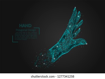 Abstract isolated image of human palm. Polygonal illustration looks like stars in the blask night sky in spase or flying glass shards. Digital design for website, web, internet