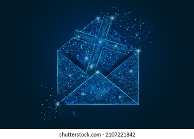 Abstract isolated image of a letter, mail or message with cross. Polygonal illustration looks like stars in the blask night sky in spase or flying glass shards.