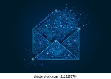 Resumen de la imagen aislada de una carta, interacción de correo o mensaje, negocios, conexión. La ilustración poligonal se parece a las estrellas en el cielo nocturno del matraz en fragmentos de vidrio flotantes o de esfase.