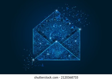 Resumen de la imagen aislada de una carta, interacción de correo o mensaje, negocios, conexión. La ilustración poligonal se parece a las estrellas en el cielo nocturno del matraz en fragmentos de vidrio flotantes o de esfase.