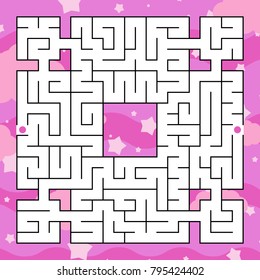 Abstract isolated labyrinth of unusual shape. Black color. An interesting and useful game for children and adults. Simple flat vector illustration. With a cartoon background of stars and clouds.