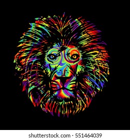 abstract Isolated lion's head in multicolored psychedelic colors.