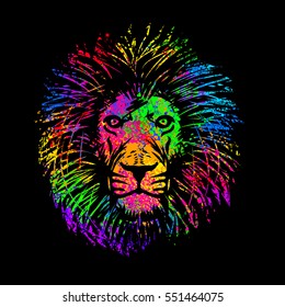 abstract Isolated lion's head in multicolored psychedelic colors.