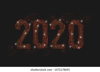 Abstract isolated orange image of  new year number 2020. Polygonal  low poly wireframe illustration looks like stars in the blask night sky in spase or flying glass shards. For web, internet design