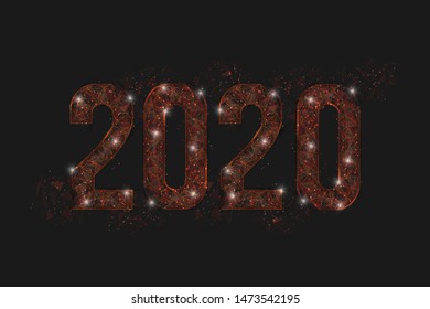 Abstract isolated orange image of  new year number 2020. Polygonal  low poly wireframe illustration looks like stars in the black night sky in space or flying glass shards. For web, internet design