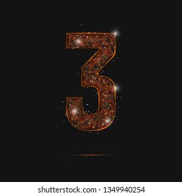 Abstract isolated orange image of a number three. Polygonal illustration looks like stars in the blask night sky in spase or flying glass shards. Digital design for website, web, internet