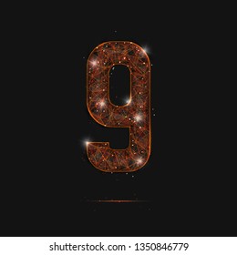 Abstract isolated orange image of a number nine. Polygonal illustration looks like stars in the blask night sky in spase or flying glass shards. Digital design for website, web, internet
