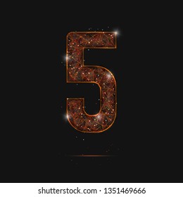 Abstract isolated orange image of a number five. Polygonal illustration looks like stars in the blask night sky in spase or flying glass shards. Digital design for website, web, internet