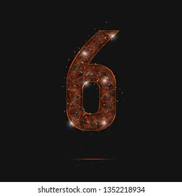 Abstract isolated orange image of a number six. Polygonal illustration looks like stars in the blask night sky in spase or flying glass shards. Digital design for website, web, internet