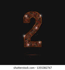 Abstract isolated orange image of a number two. Polygonal illustration looks like stars in the blask night sky in spase or flying glass shards. Digital design for website, web, internet