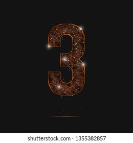 Abstract isolated orange image of a number three. Polygonal illustration looks like stars in the blask night sky in spase or flying glass shards. Digital design for website, web, internet