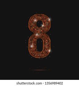 Abstract isolated orange image of a number eight. Polygonal illustration looks like stars in the blask night sky in spase or flying glass shards. Digital design for website, web, internet