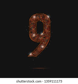 Abstract isolated orange image of a number nine. Polygonal illustration looks like stars in the blask night sky in spase or flying glass shards. Digital design for website, web, internet
