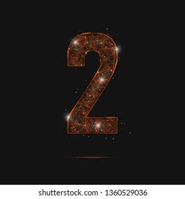 Abstract isolated orange image of a number two. Polygonal illustration looks like stars in the blask night sky in spase or flying glass shards. Digital design for website, web, internet
