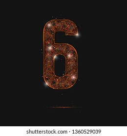 Abstract isolated orange image of a number six. Polygonal illustration looks like stars in the blask night sky in spase or flying glass shards. Digital design for website, web, internet