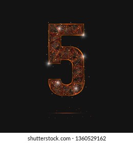 Abstract isolated orange image of a number five. Polygonal illustration looks like stars in the blask night sky in spase or flying glass shards. Digital design for website, web, internet