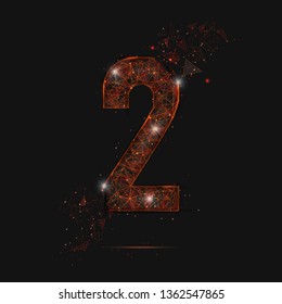 Abstract isolated orange image of a number two. Polygonal illustration looks like stars in the blask night sky in spase or flying glass shards. Digital design for website, web, internet