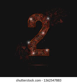 Abstract isolated orange image of a number two. Polygonal illustration looks like stars in the blask night sky in spase or flying glass shards. Digital design for website, web, internet