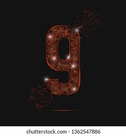 Abstract isolated orange image of a number nine. Polygonal illustration looks like stars in the blask night sky in spase or flying glass shards. Digital design for website, web, internet
