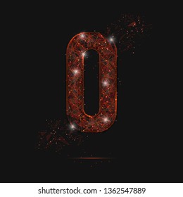 Abstract isolated orange image of a number zero. Polygonal illustration looks like stars in the blask night sky in spase or flying glass shards. Digital design for website, web, internet