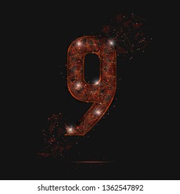 Abstract isolated orange image of a number nine. Polygonal illustration looks like stars in the blask night sky in spase or flying glass shards. Digital design for website, web, internet