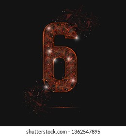 Abstract isolated orange image of a number six. Polygonal illustration looks like stars in the blask night sky in spase or flying glass shards. Digital design for website, web, internet