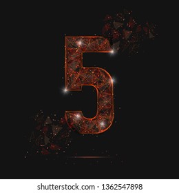 Abstract isolated orange image of a number five. Polygonal illustration looks like stars in the blask night sky in spase or flying glass shards. Digital design for website, web, internet