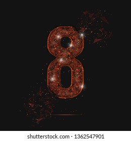 Abstract isolated orange image of a number eight. Polygonal illustration looks like stars in the blask night sky in spase or flying glass shards. Digital design for website, web, internet