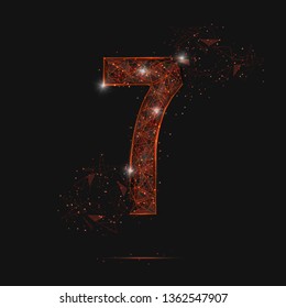 Abstract isolated orange image of a number seven. Polygonal illustration looks like stars in the blask night sky in spase or flying glass shards. Digital design for website, web, internet