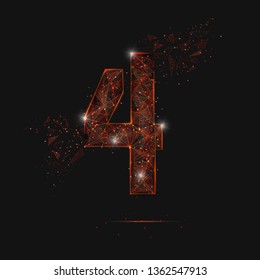 Abstract isolated orange image of a number four. Polygonal illustration looks like stars in the blask night sky in spase or flying glass shards. Digital design for website, web, internet