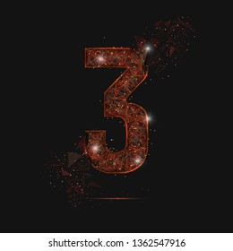 Abstract isolated orange image of a number three. Polygonal illustration looks like stars in the blask night sky in spase or flying glass shards. Digital design for website, web, internet