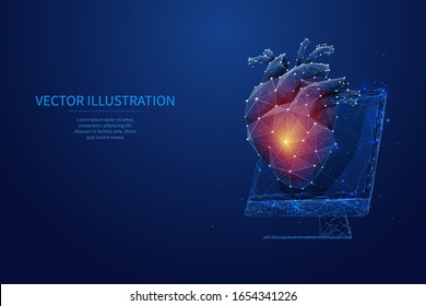 Abstraktes isoliertes polygonales menschliches Herz auf PC-Monitor auf dunkelblauem Hintergrund. Technologie-Innovation in der Medizin oder Wissenschaftskonzept. Low-Poly-Wireframe menschliches Organ mit Polygonen und verbundenen Punkten.