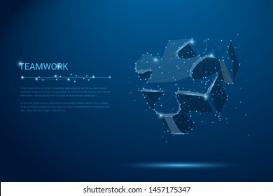 Abstract isolated puzzle on blue background. Network or teamwork symbol composed of polygons. Low poly vector illustration. Black wireframe piece of puzzle.