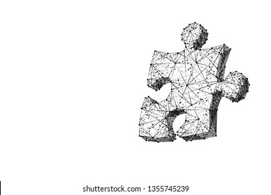 Abstract isolated puzzle on white background. Network or teamwork symbol composed of polygons. Low poly vector illustration. Black wireframe piece of puzzle.