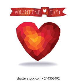 Abstract isolated Triangles, polygons red heart with  curly ribbon in white  background .Valentine day.Greeting card,invitation,banner.Vector.